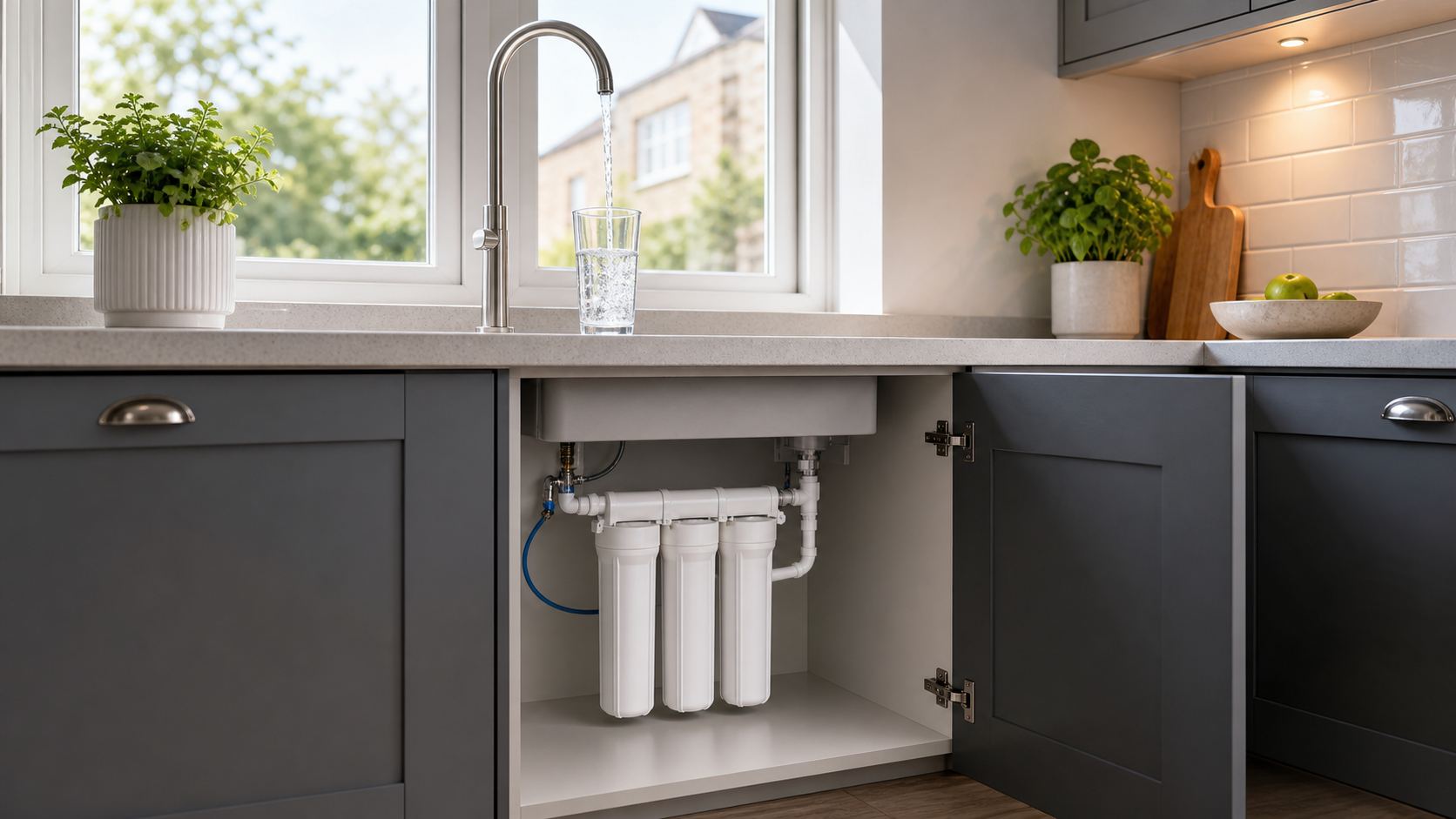 Modern UK kitchen with running tap and visible under-sink water filtration system
