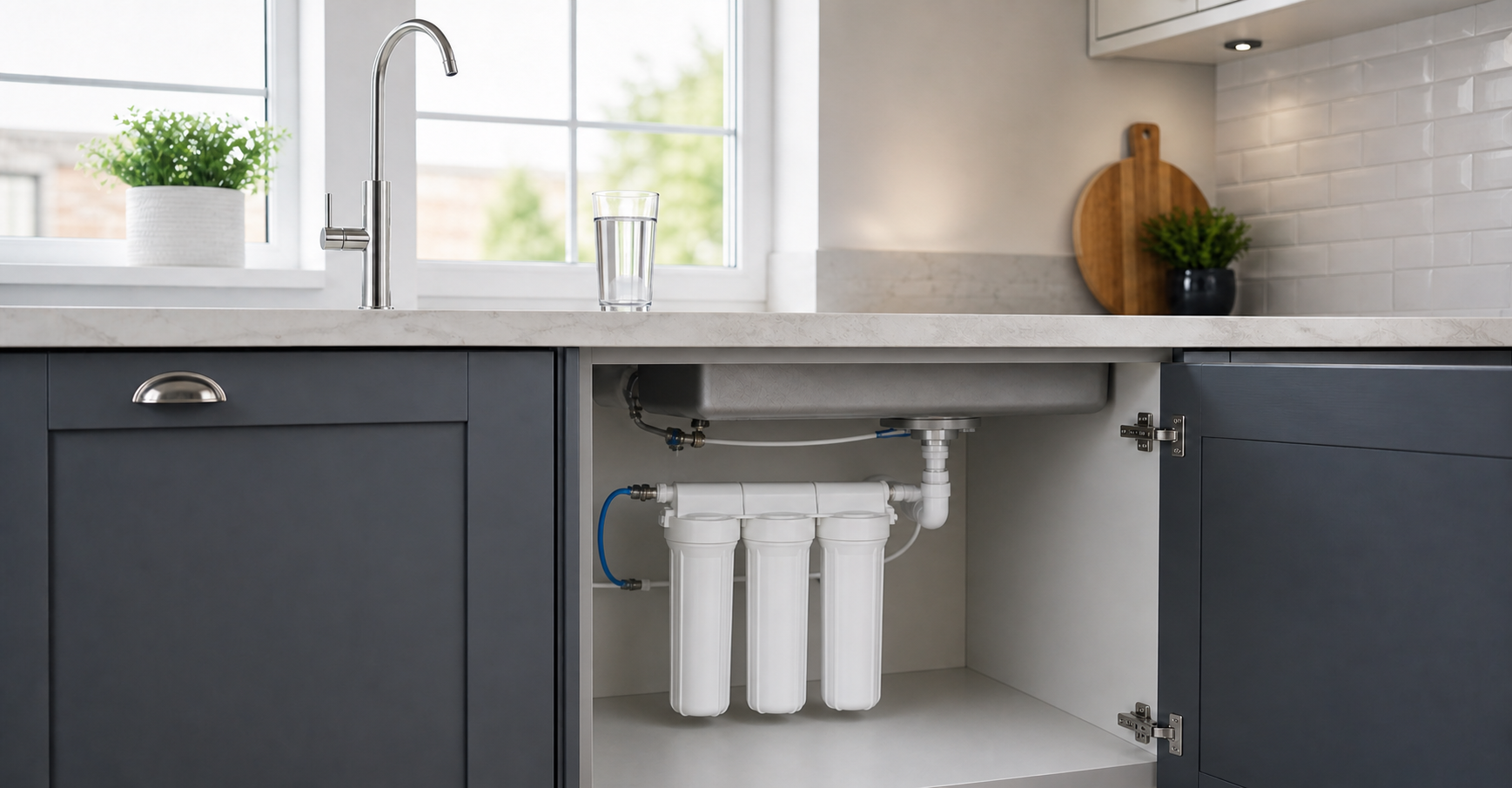 Modern under-sink water filtration system installed in a clean UK kitchen