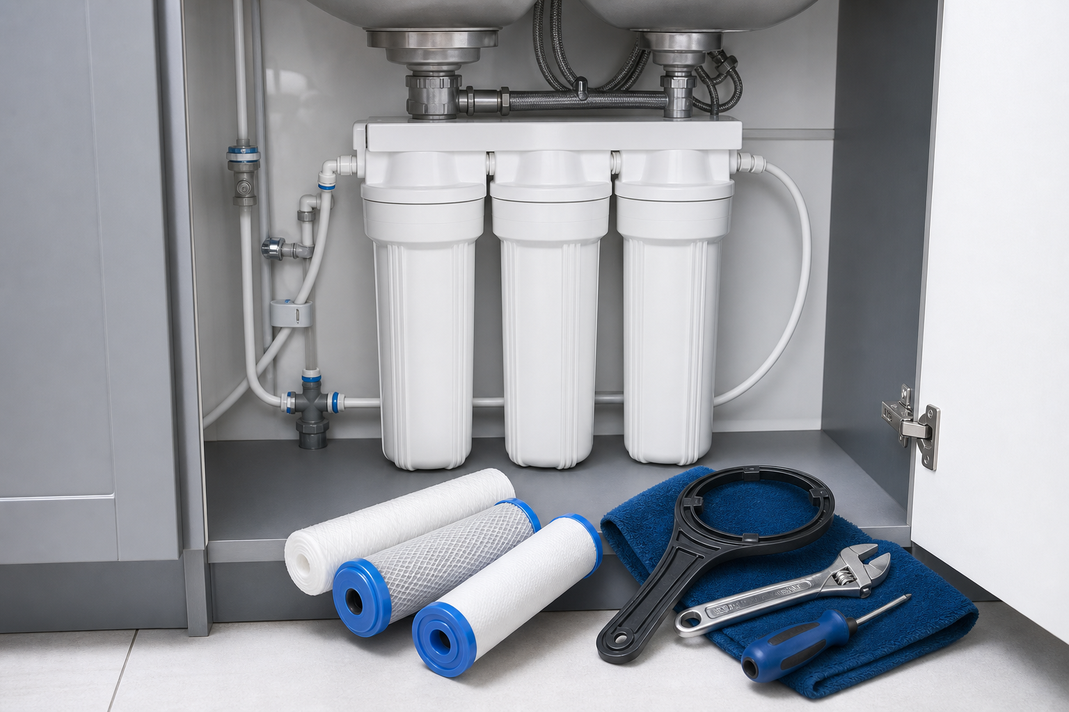 Water filtration system maintenance tools arranged in a clean service setting