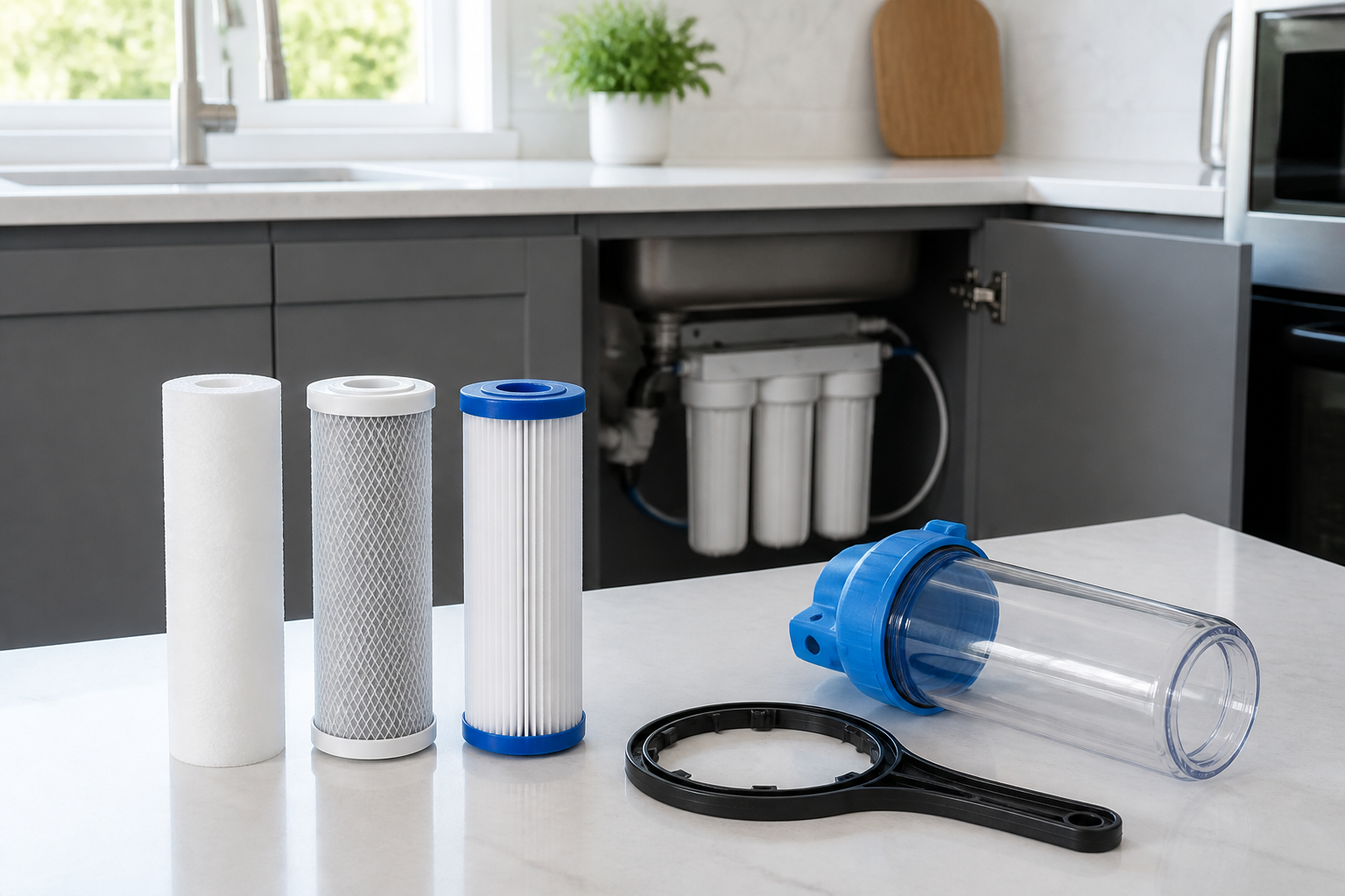 Replacement water filter cartridges arranged for a professional service visit