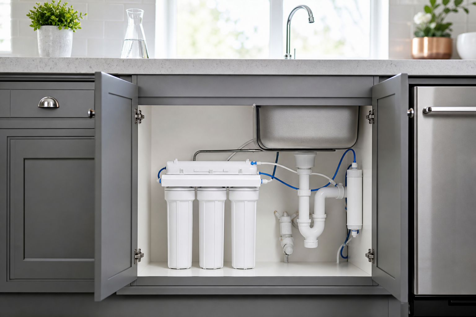 Reverse osmosis water filtration system installed under a kitchen sink