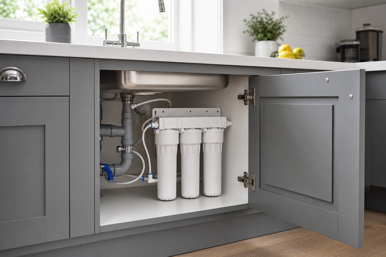 Three-stage under sink water filter installed in a grey kitchen cabinet
