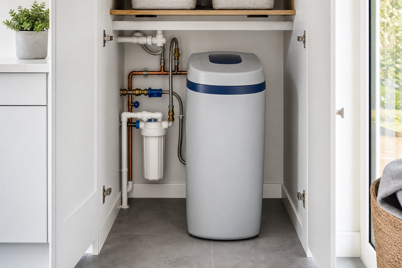 Modern water softener installed neatly in a utility cupboard