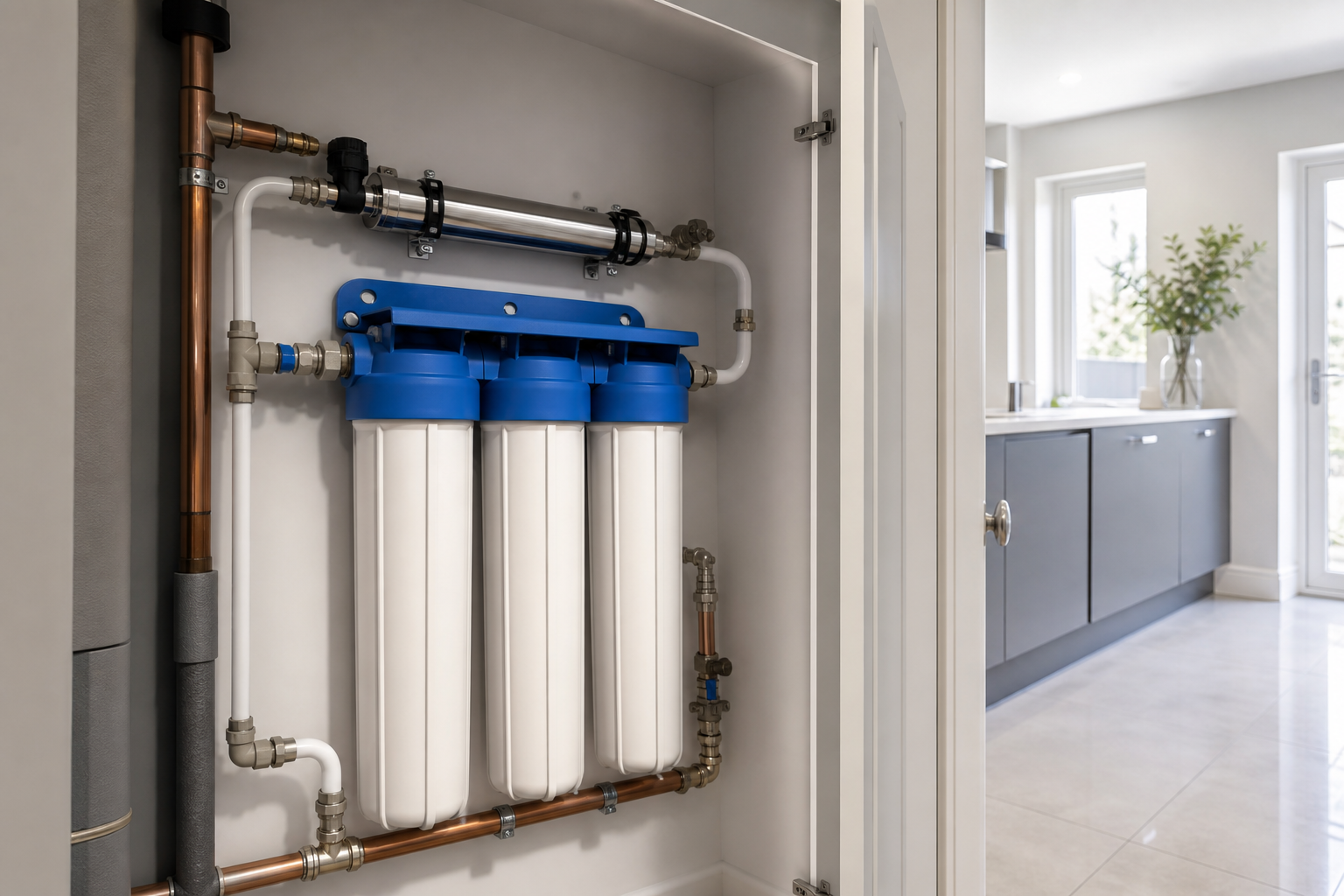 Whole house water filtration unit installed in a modern UK home